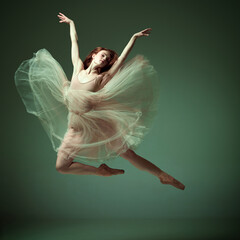 Portrait of charming ballerina, ballet dancer wearing fancy colorful dress posing on tiptoe over dark green studio background. Aesthetic of movement © Lustre Art Group 