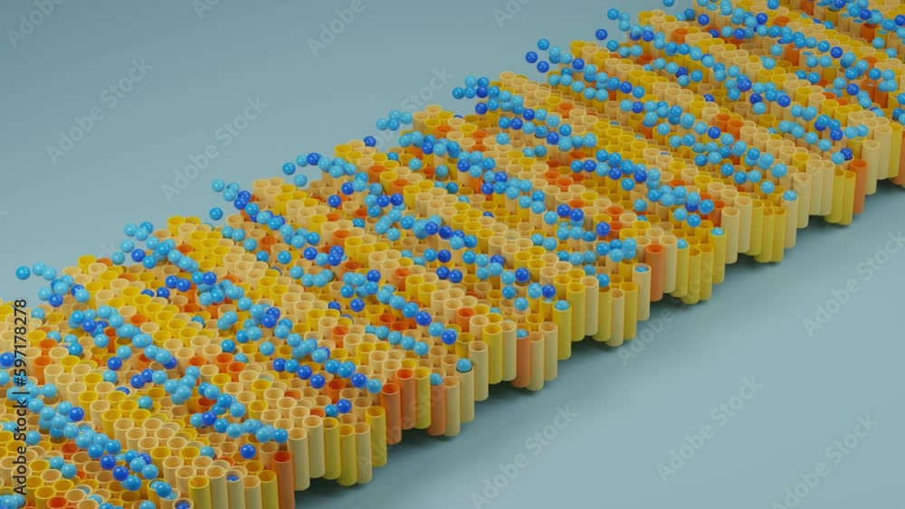 Poster loop 3d animation of an array of tubes from which balls fly out. blue background, yellow tubes and b