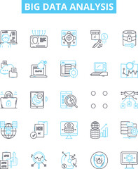 Big data analysis vector line icons set. Analytics, Mining, Storage, Patterns, Visualization, Machine-learning, Clustering illustration outline concept symbols and signs