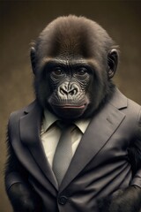 Fototapeta na wymiar Portrait of baby gorilla in a business suit. Generative AI