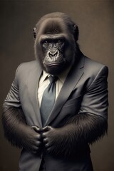 Fototapeta premium Portrait of baby gorilla in a business suit. Generative AI