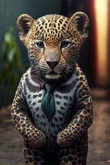 Fototapeta na wymiar Portrait of baby jaguar in a business suit. Generative AI