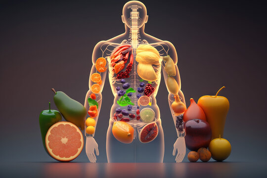 Fruits forming a human body metabolism and nutrition, Eating Diet Food for  Energy and Digestion. Generative Ai Stock Illustration