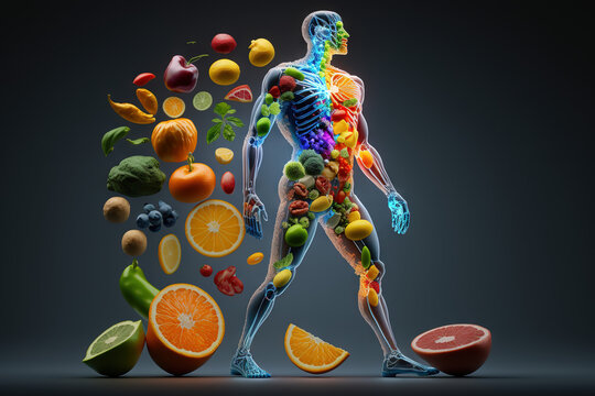 Fruits and vegetables forming a human body, metabolism, nutrition, eating diet, fitness, health, vitamins, digestion, supplements, health care, healthy lifestyle, healthy food. Generative AI