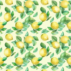 lemon watercolor seamless pattern print, vegan food illustration. Generative AI