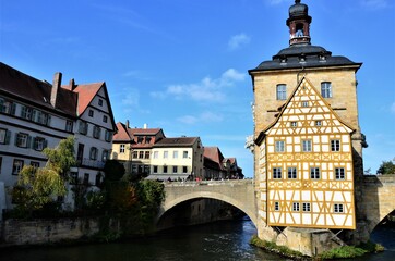Scenic summer view of the Old Town architecture with City Hall building in Bamberg, Germany