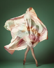 Young woman, ballerina dancing with elegance movements and fabric cover the face over dark green studio background. Ballet with silk dress © Lustre Art Group 