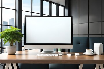 blank computer monitor mockup in office, generative ai