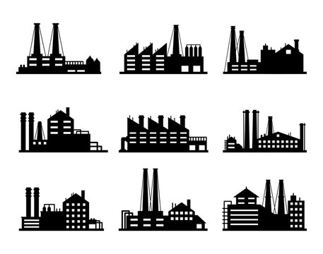 Industry business buildings. Industrial warehouse, manufacturing factory and factories exterior silhouettes