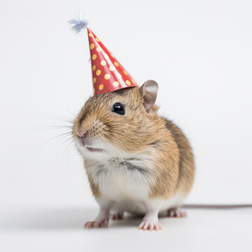 A Gerbil Wearing A Birthday Party Hat On A White Background