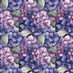 Watercolor botanical seamless pattern with purple hydrangeas. Delicate floral background. Generative AI