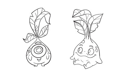 Onion and garlic. Cute Plants page for coloring book bundle concept.Isolated on white background.