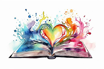 Open book with watercolor splashes and heart illustration. Generative A