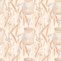 oat milk watercolor seamless pattern on gentle beige background. Generative AI