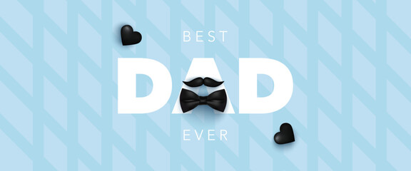 Father's Day banner with Best Dad Ever text, bow tie, mustache, and black heart. Vector illustration for background, poster, sale, promo, discount, website social media, flyer, brochure, event, ads
