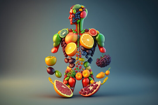 Fruits and vegetables forming a human body, metabolism, nutrition, eating diet, fitness, health, vitamins, digestion, supplements, health care, healthy lifestyle, healthy food. Generative AI