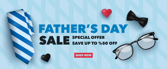 Father's Day sale banner with blue tie, glasses, bow tie, black and pink heart at blue background. Vector illustration for poster, sale, promo, discount, website social media, flyer, brochure, event