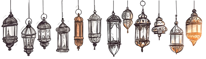 Fototapeta na wymiar Hand Drawn Sketch of Traditional Lanterns Decoration Hanging on Celing Antique in Set of Vector