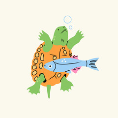 Cute little Turtle, fish and bubbles. Cartoon style character. Hand drawn Vector illustration. Isolated design element. Protect and save sea creatures, tortoise, animal world day concept