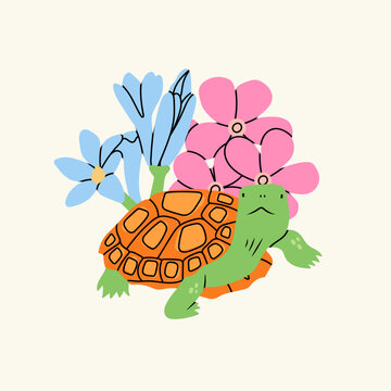 Cute little Turtle with flowers on background. Cartoon style character. Hand drawn Vector illustration. Isolated design element. Protect and save sea creatures, tortoise, animal world day concept