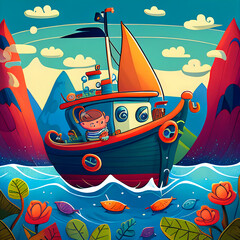 Naklejka premium Credible_Boat_working_on_road_happines_fun_toddlers_version