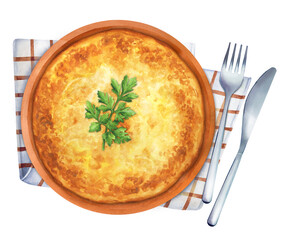 Spanish rustic style tortilla potato omelette. Watercolor illustration