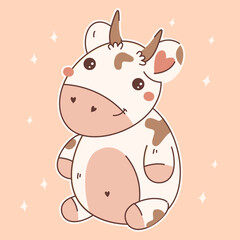 Cute Baby Cow Sitting Cartoon Vector Icon Illustration. Animal Icon Concept Isolated Flat Vector. Kawaii Cartoon Style