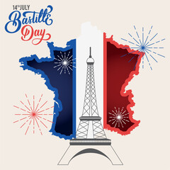 Colored bastille day template with landmark and french map Vector