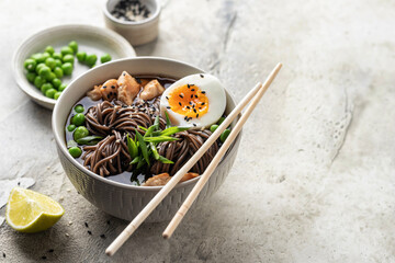 Asian soba noodle soup, with chicken, boiled egg, sesame seeds, green pea and green onion served with chopsticks. Text space