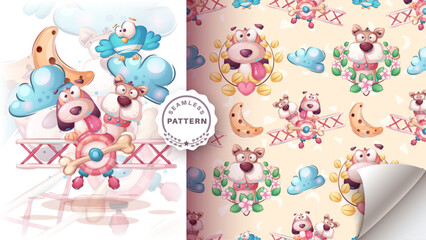 Seamless pattern cartoon character adorable dog travel on airplane, pretty animal idea for print t-shirt, poster and kids envelope, postcard. Cute hand drawn style friends