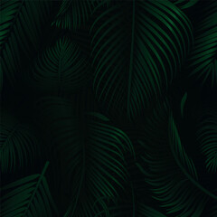 Green palm tree leaves on dark background. Tropical palm leaves, floral seamless pattern vector illustration.