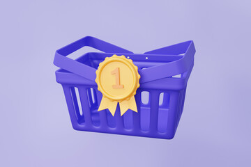 3D Warranty quality product best empty shopping baskets, shop online concept on purple pastel background. discount, promotion, sale, banner, ads, cartoon minimal. 3d render. illustration