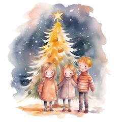 Obraz na płótnie Canvas Happy children stand near the Christmas tree. Watercolor Christmas card in vintage style. 