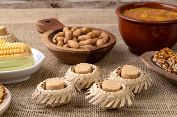 Typical brazilian june festival food over jute fabric. Festa junina