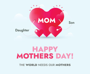 Happy Mother's Day. Happy mothers day 2023 cover or banner with three hearts. 14th May. Mom with her children's mother day card. Design template for social media poster, flyer, card, website. Wish