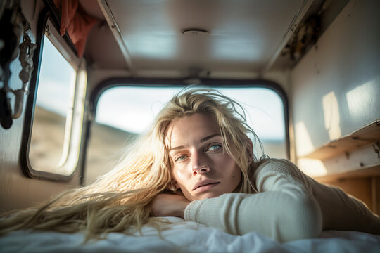 Roaming Free: Captivating Image of a Blonde Beauty in a Camper Van Bed, ai generative