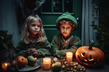 Fototapeta na wymiar Children celebrate Halloween, Generative AI
