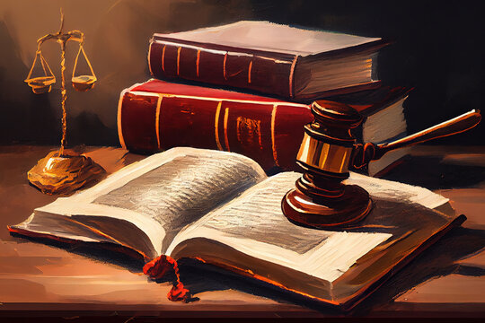 Old book in library with judge gavel on open law textbook in court archive text collection study room for copyrights day and international legal rights concept, Oil painting effect. Generative Ai