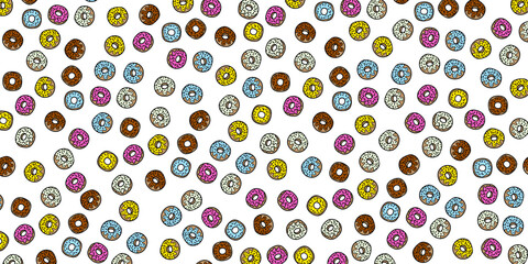 Sweet background with donuts illustration. Pattern of cartoon donuts vector backdrop.