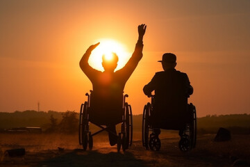 Silhouette of joyful disabled man in wheelchair raised hands with friend outdoor on sunset at summer. Generative ai