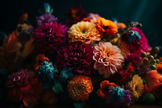 A detail of a gorgeous, vibrant, multicolored flower arrangement. Generative AI © Made