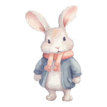 Watercolor Cute Rabbit With Cotton Scarf, and Jacket