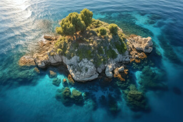 Naklejka na ściany i meble Areal top view of a small idyllic island in the blue clear waters of the Mediterranean Sea, created with Generative AI technology