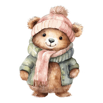 Watercolor Cute Grizzly Cub With Cotton Hat, Scarf, and Jacket