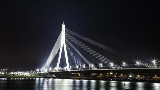 Van&scaron;u Bridge at Night: Stunning Time-lapse of Riga's Iconic Cable-Stayed Bridge