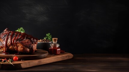 Fototapeta na wymiar Juicy and delicious grilled pork ribs on a wooden board with sauce and greens, on a dark natural background. Empty space for text. Generative ai.