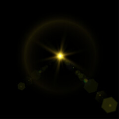 Realistic sun with rays and glare shines with golden light. Vector