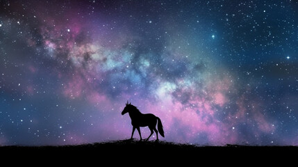 A unicorn silhouette in a galaxy nebula cloud. generative ai