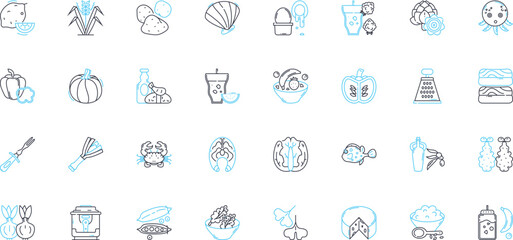 Breakfast linear icons set. Eggs, Toast, Pancakes, Omelette, Cereal, Bacon, Avocado line vector and concept signs. Bagels,Croissant,Coffee outline illustrations