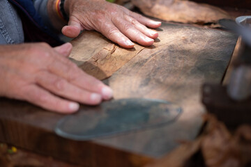 Process of making traditional cigars from tobacco leaves with your hands using a hand device. Tobacco leaves for making cigars. Close up of hands making cigars.